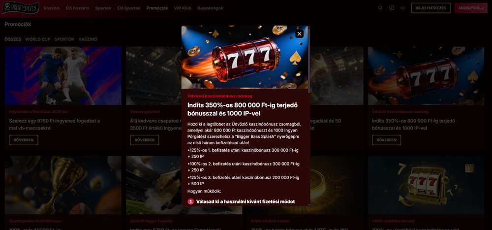 Piratepots üdvözlő csomag – 350% és 1000 ingyen pörgetés